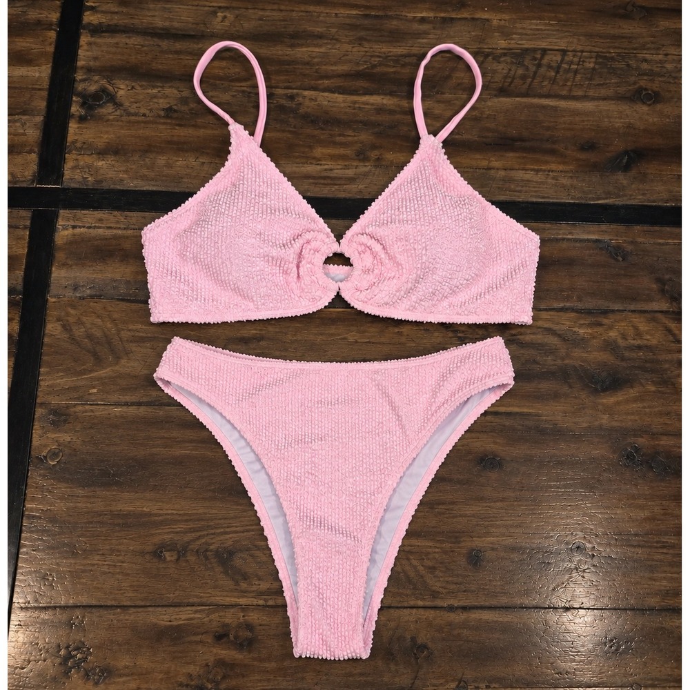 Fanuerg Pink Crinkle Smocked Bikini Set Ring Detail High Cut Swimsuit Large NWT